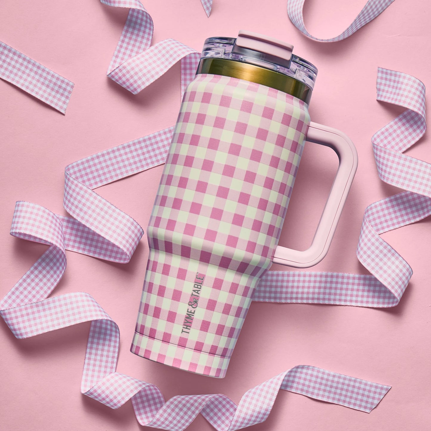 32 Fl Oz Stainless Steel Luna Tumbler with Handle and Dual Straw Lid, Pink Gingham