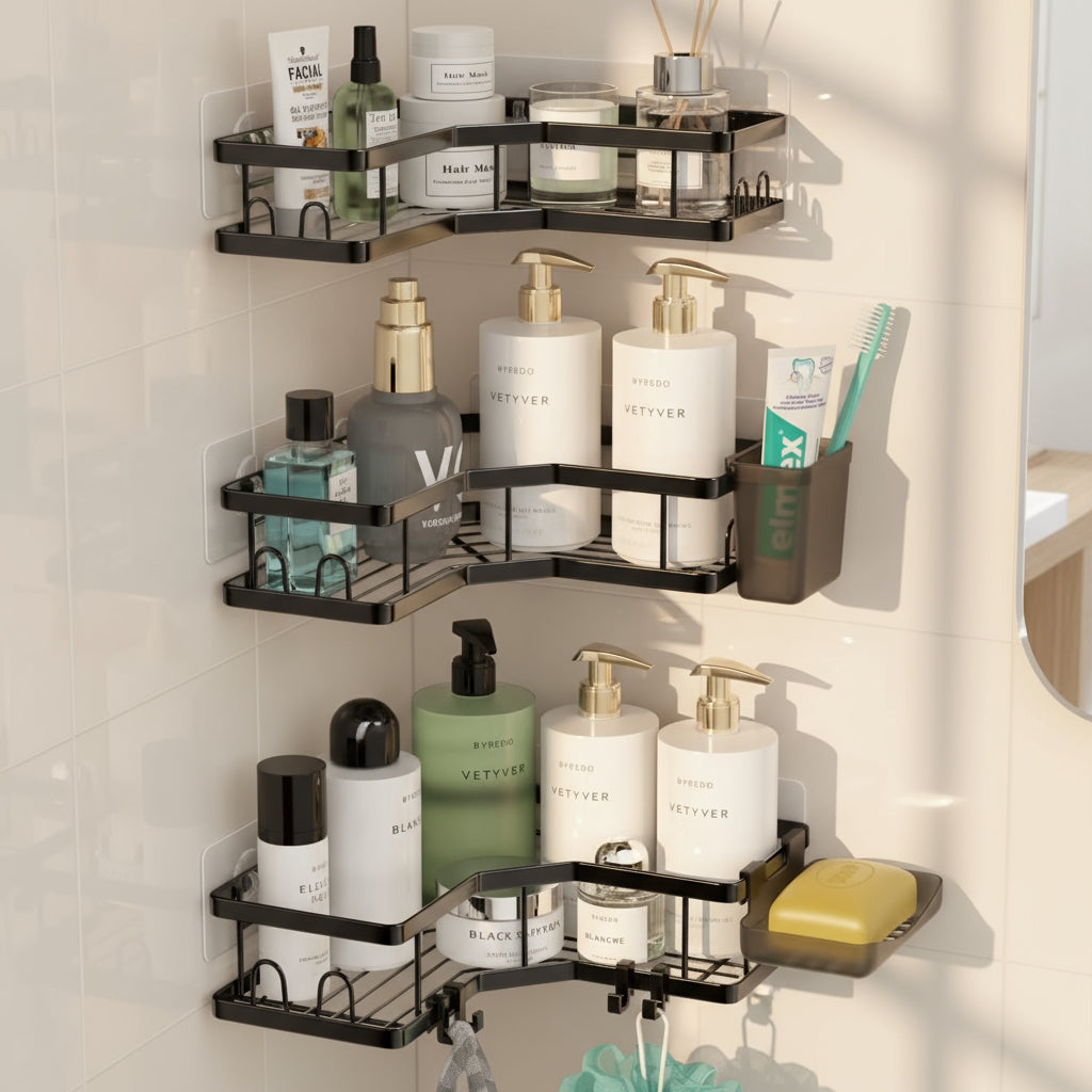 Corner Shower Caddy, 3 Pack Adhesive Shower Corner Organizer Shelves, Stainless Steel Shower Storage Rack with Hooks, Toothpaste & Soap Holder, No Drilling for Bathroom, Dorm and Kitchen-Black