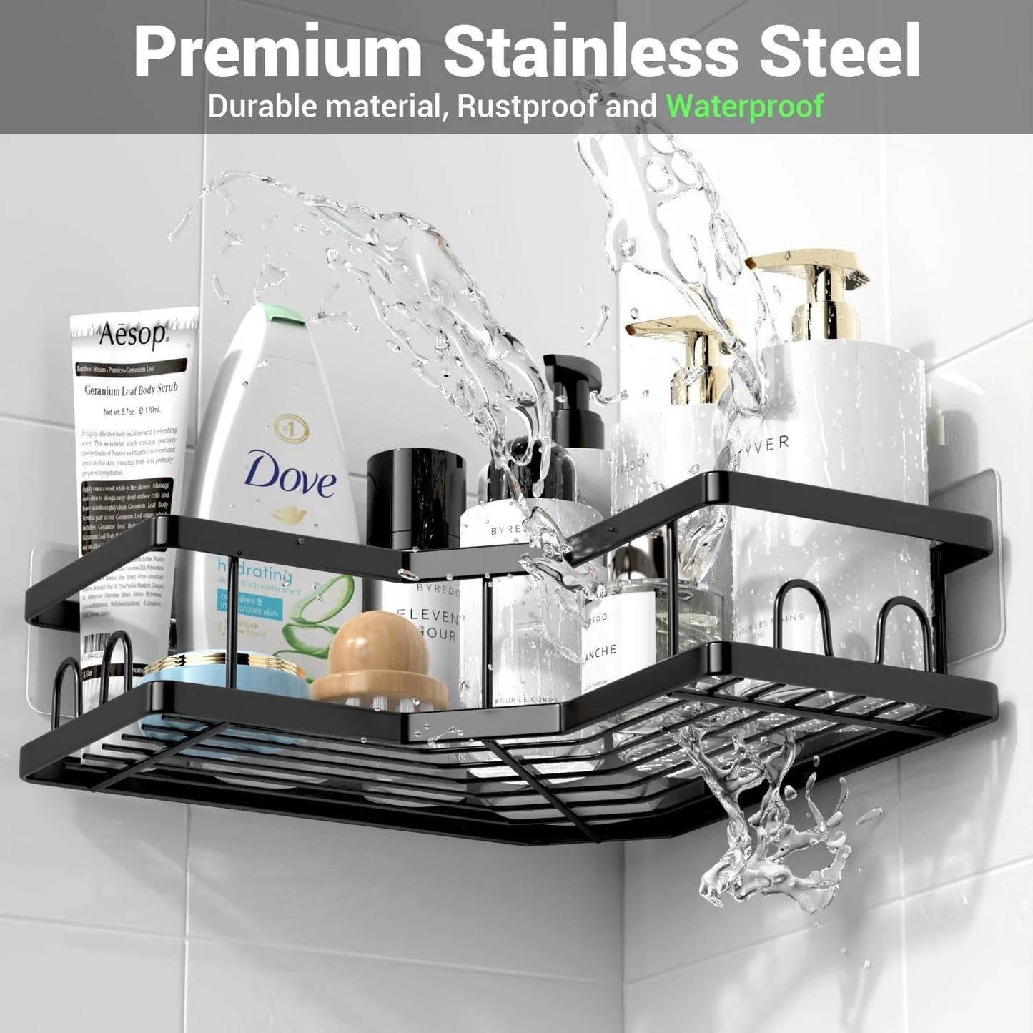 Corner Shower Caddy, 3 Pack Adhesive Shower Corner Organizer Shelves, Stainless Steel Shower Storage Rack with Hooks, Toothpaste & Soap Holder, No Drilling for Bathroom, Dorm and Kitchen-Black