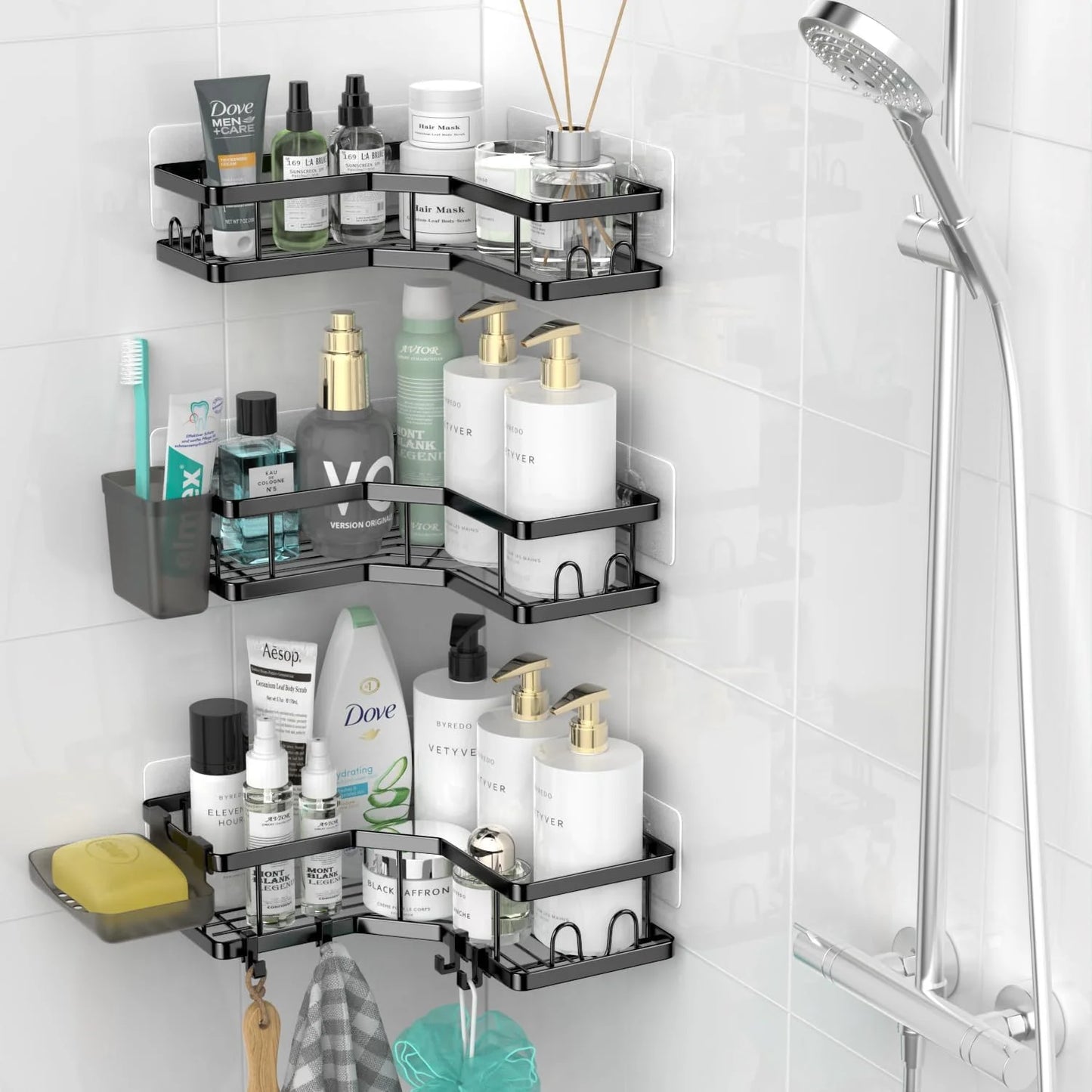 Corner Shower Caddy, 3 Pack Adhesive Shower Corner Organizer Shelves, Stainless Steel Shower Storage Rack with Hooks, Toothpaste & Soap Holder, No Drilling for Bathroom, Dorm and Kitchen-Black