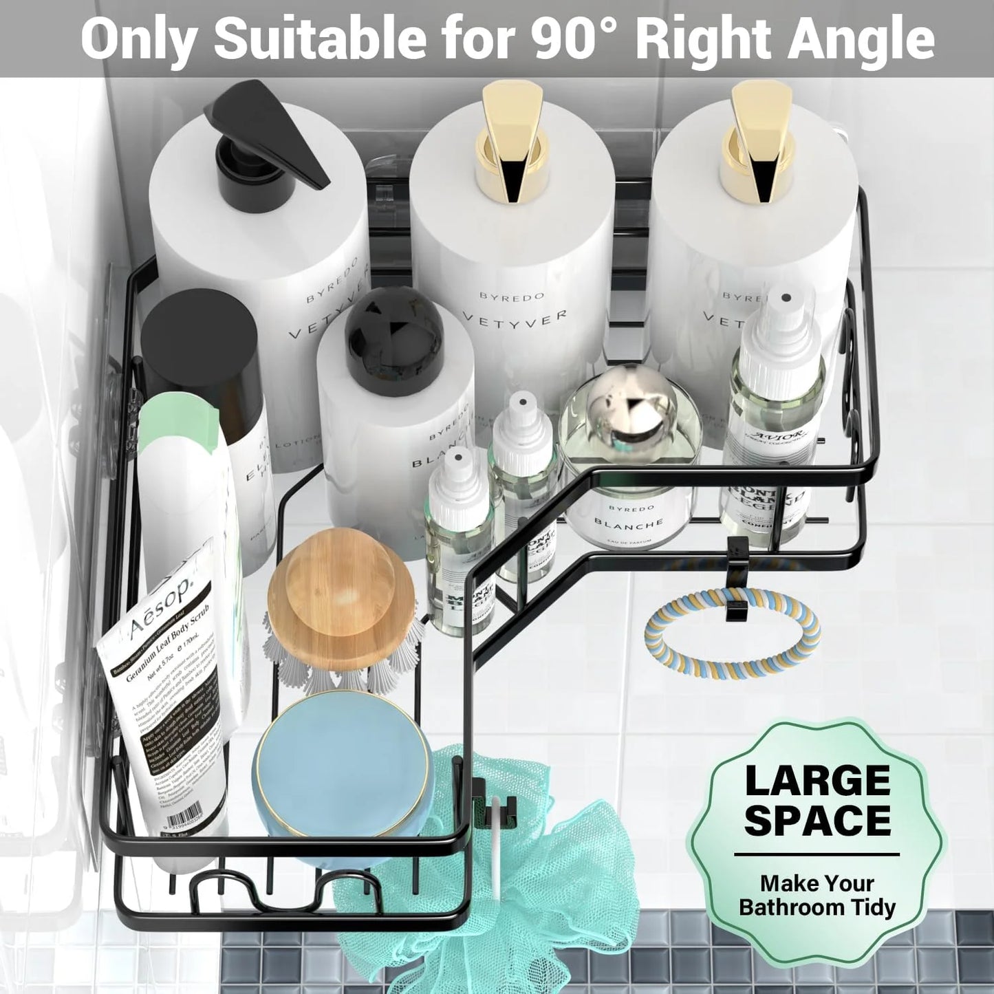 Corner Shower Caddy, 3 Pack Adhesive Shower Corner Organizer Shelves, Stainless Steel Shower Storage Rack with Hooks, Toothpaste & Soap Holder, No Drilling for Bathroom, Dorm and Kitchen-Black