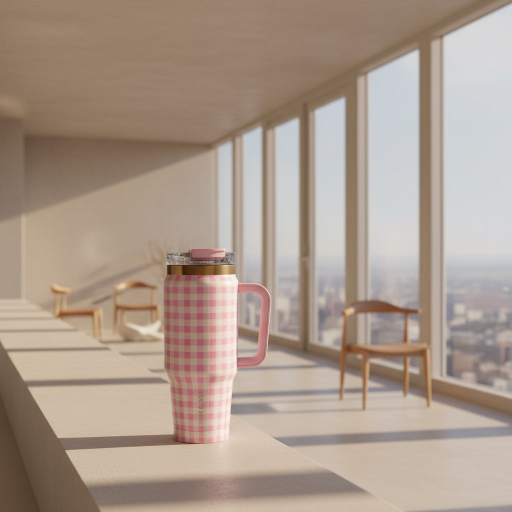 32 Fl Oz Stainless Steel Luna Tumbler with Handle and Dual Straw Lid, Pink Gingham