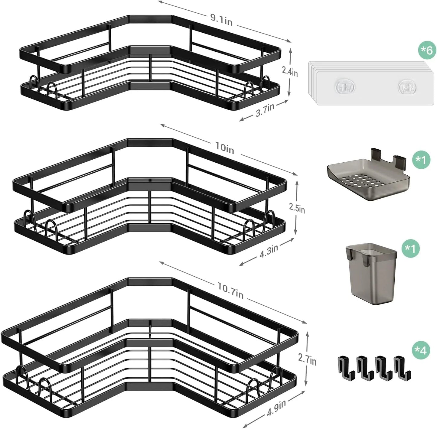 Corner Shower Caddy, 3 Pack Adhesive Shower Corner Organizer Shelves, Stainless Steel Shower Storage Rack with Hooks, Toothpaste & Soap Holder, No Drilling for Bathroom, Dorm and Kitchen-Black