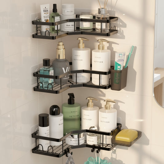 Corner Shower Caddy, 3 Pack Adhesive Shower Corner Organizer Shelves, Stainless Steel Shower Storage Rack with Hooks, Toothpaste & Soap Holder, No Drilling for Bathroom, Dorm and Kitchen-Black