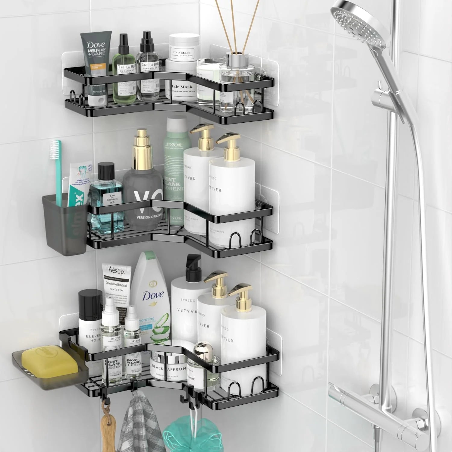Corner Shower Caddy, 3 Pack Adhesive Shower Corner Organizer Shelves, Stainless Steel Shower Storage Rack with Hooks, Toothpaste & Soap Holder, No Drilling for Bathroom, Dorm and Kitchen-Black