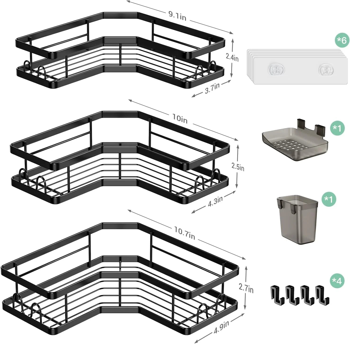 Corner Shower Caddy, 3 Pack Adhesive Shower Corner Organizer Shelves, Stainless Steel Shower Storage Rack with Hooks, Toothpaste & Soap Holder, No Drilling for Bathroom, Dorm and Kitchen-Black