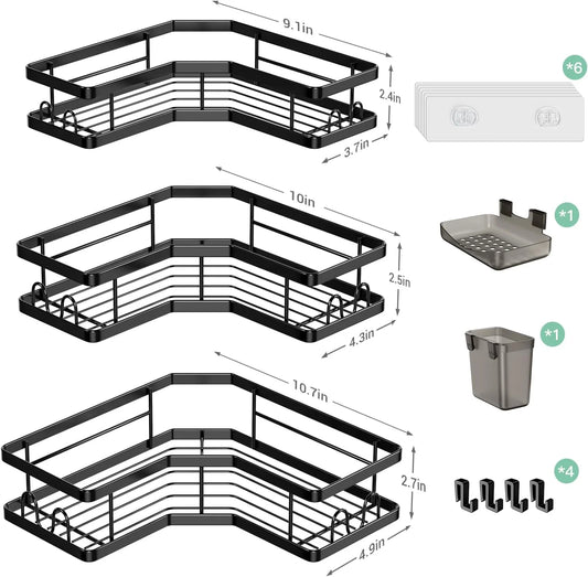 Corner Shower Caddy, 3 Pack Adhesive Shower Corner Organizer Shelves, Stainless Steel Shower Storage Rack with Hooks, Toothpaste & Soap Holder, No Drilling for Bathroom, Dorm and Kitchen-Black